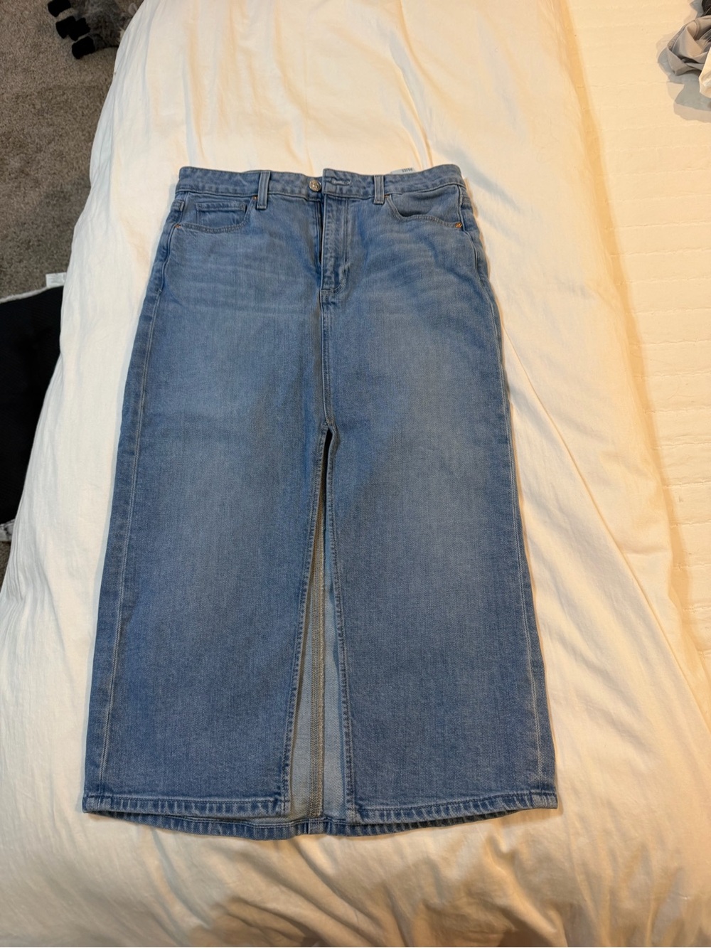 PAIGE Blue Straight-Leg Denim Midi Skirt with Center Front Slit